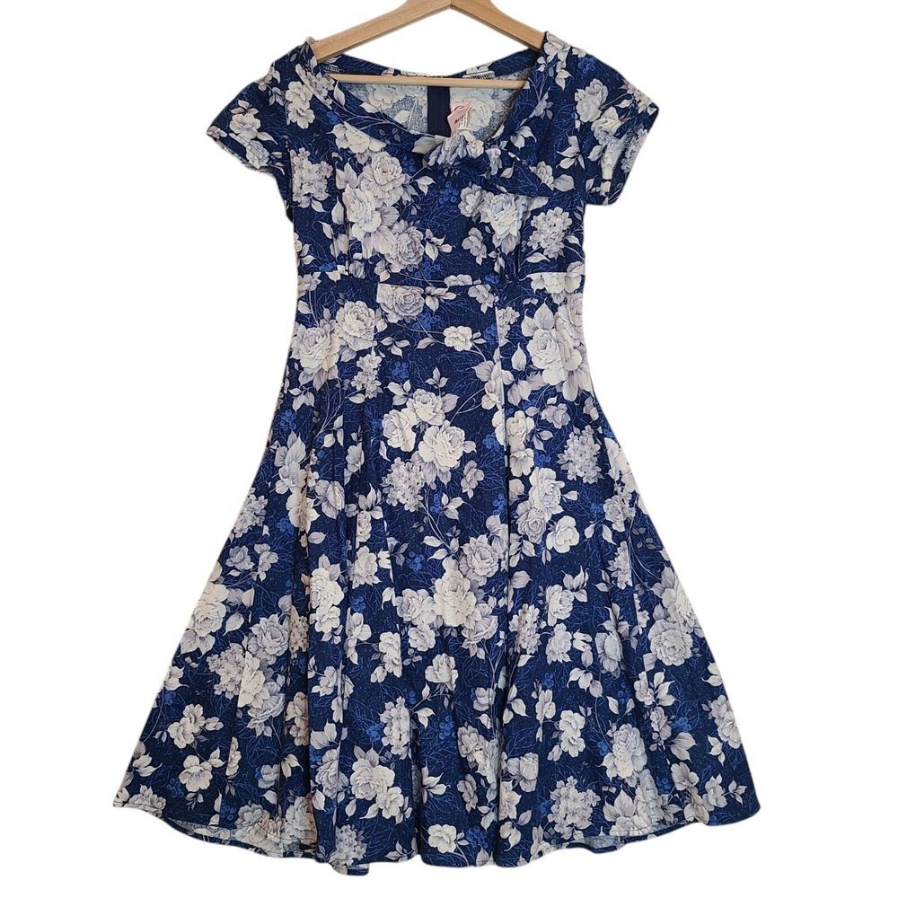 Heart of Haute Blue Midi‎ Dress Fit Flare Roses Small Rockabilly Pin Up Coquette